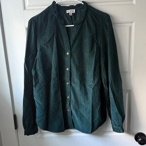 Wonderly Dark Green Ruffle Neck micro corduroy shirt
